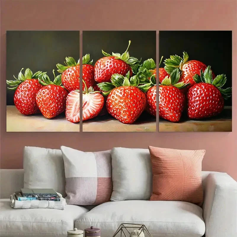 3pcs Strawberry Still Life Realistic Fruit Metal Print Ready to Hang Art - Bella Home Decor