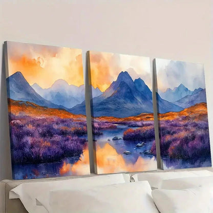3pcs Cuillin Hills, Purple Heather Moorlands G  Wall Art Set Canvas Framed 40x60cm - High Quality Print 100% Australian Made Wall Canvas Ready to Hang - Bella Home Decor
