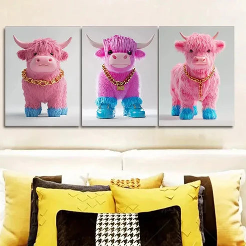 3pcs Pink Highland Cattle Wall Art Canvas Unframed - High Quality Print 100% Australian Made Wall Canvas