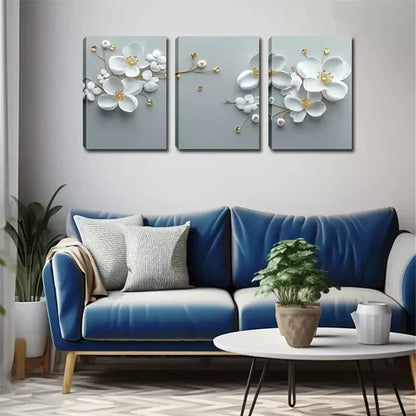 3pcs White, Three-Dimensional Plum Blossom Wall Art Canvas Unframed - High Quality Print 100% Australian Made Wall Canvas