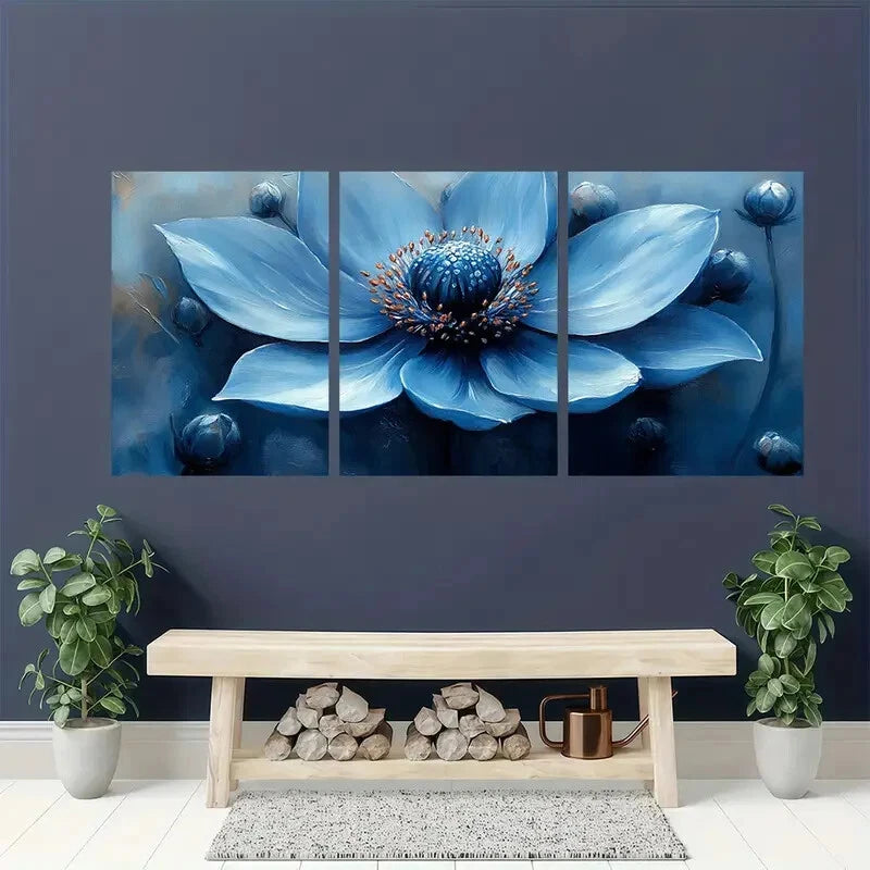 3pcs Blue Sea Holly Modern Abstract Floral Design Metal Print Ready to Hang Art - Bella Home Decor