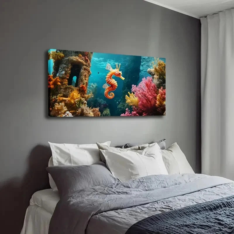 Ocean Scene with Seahorse Wall Art Canvas Office Home Room Framed 120x60cm - Bella Home Decor