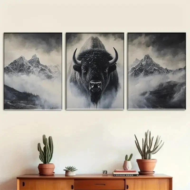 3pcs Majestic Bison And Mountains Wall Art Set Canvas Framed 50x70cm - High Quality Print 100% Australian Made Wall Canvas Ready to Hang
