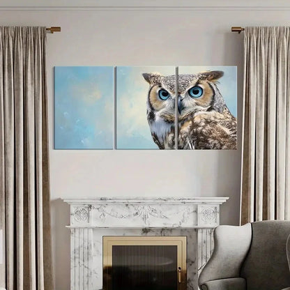 3pcs Artistic Owl Portrait Blue Eyes Detailed Metal Print Ready to Hang Art