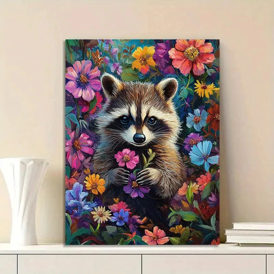 Cute Raccoon With Colorful Flowers Design 40x60cm Metal Print Ready to Hang