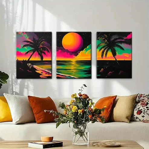 3pcs Sunset Tropical Beach Vibrant Palm Perfect Wall Art Canvas Unframed - High Quality Print 100% Australian Made Wall Canvas