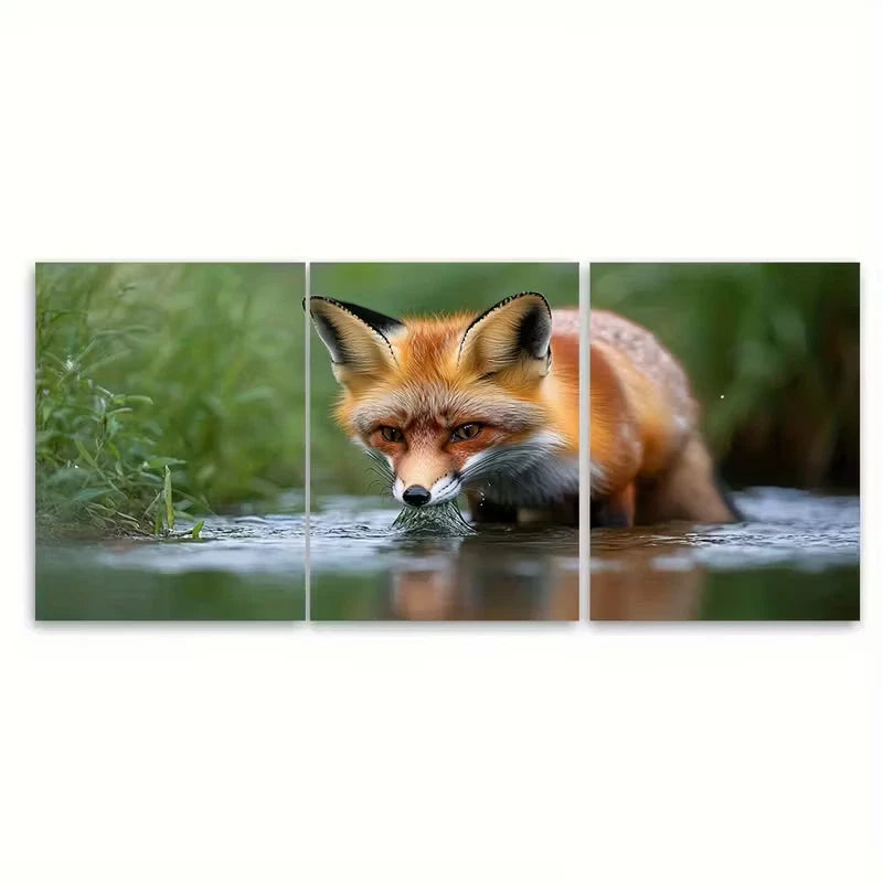 3pcs Curious Wild Fox Drinking from River Metal Print Ready to Hang Art - Bella Home Decor