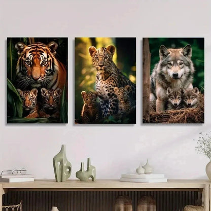 3pcs Vibrant Tiger, Leopard & Wolf Family  Wall Art Set Canvas Framed 60x90cm - High Quality Print 100% Australian Made Wall Canvas Ready to Hang