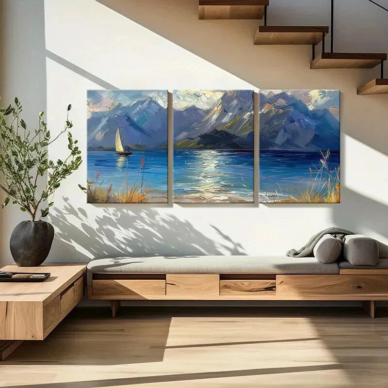 3pcs Sailboat Mountain Range Blue Waters Metal Print Ready to Hang Art - Bella Home Decor