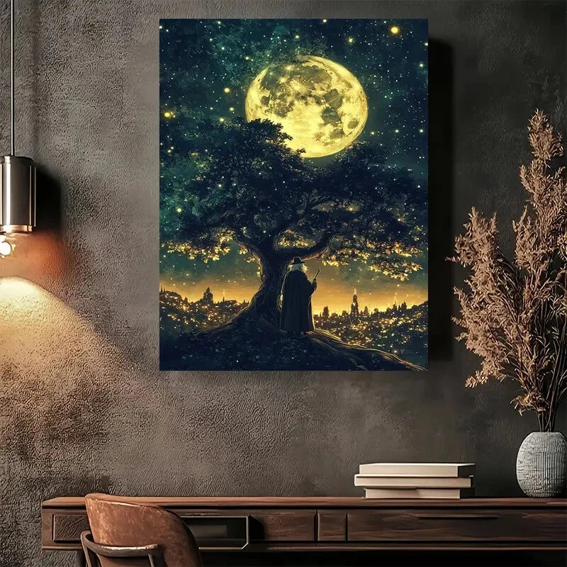 Beautiful Mystical Full Moon Night Elegant Painting 40x60cm Metal Print Ready to Hang - Bella Home Decor