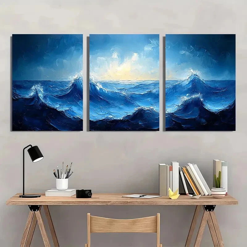 3pcs Blue and White Sea Painting Metal Print Ready to Hang Art - Bella Home Decor