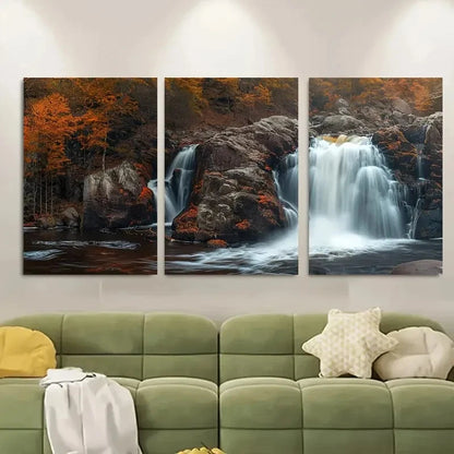 3pcs Waterfalls & Autumn Forest Scene Metal Print Ready to Hang Art