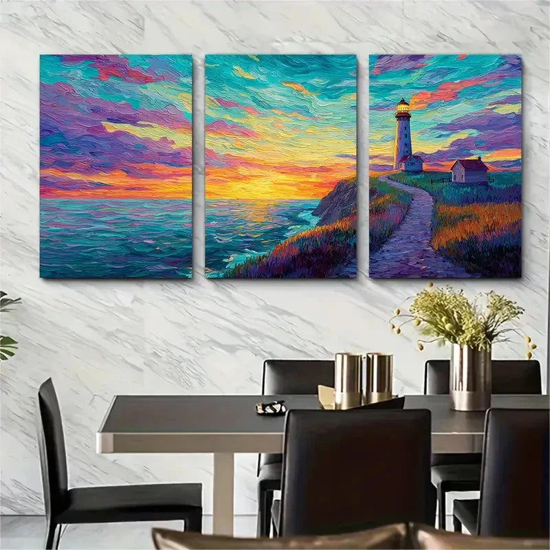 3pcs Lighthouse Sunset Pathway Painting Perfect Wall Art Set Canvas Framed 50x70cm - High Quality Print 100% Australian Made Wall Canvas Ready to Hang