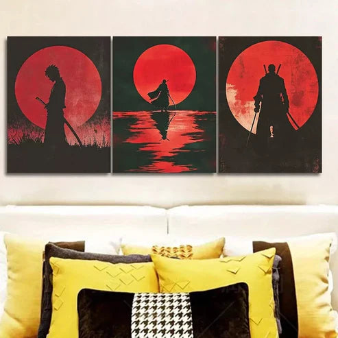 3pcs Samurai Red Moon Dark Background Lonely Wall Art Set Canvas Unframed - High Quality Print 100% Australian Made Wall Canvas