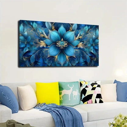 Decorative blue floral painting on a wall above a white sofa with colorful pillows.