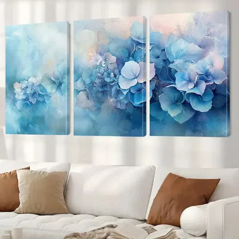 3pcs Blue Hydrangeas Summer Flowers Painting Canvas Unframed - High Quality Print 100% Australian Made Wall Canvas - Bella Home Decor
