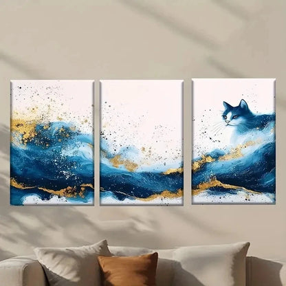 3pcs Cat with Blue and Golden Paint Wall Art Set Canvas Framed 50x70cm - High Quality Print 100% Australian Made Wall Canvas Ready to Hang - Bella Home Decor