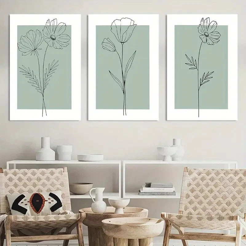 3pcs Minimalist Botanical Flower Paintings Metal Print Ready to Hang Art - Bella Home Decor