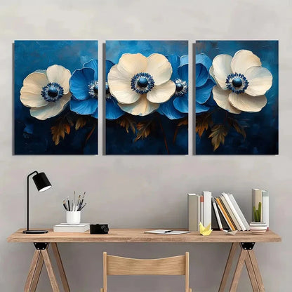 3pcs Elegant Blue & White Anemone Oil Painting Metal Print Ready to Hang Art - Bella Home Decor