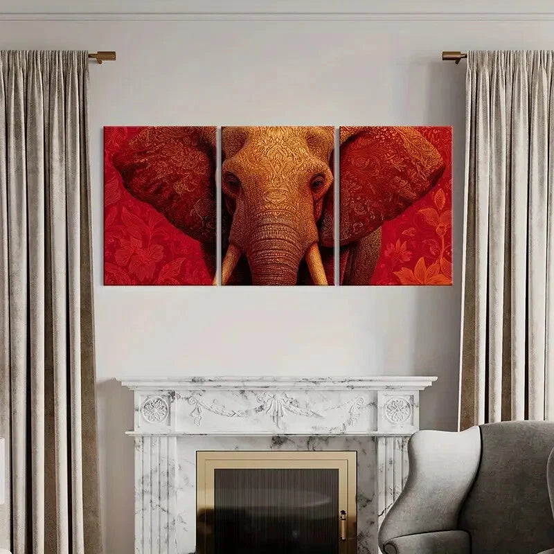 3pcs Elephant Art Intricate Design Red Background Metal Print Ready to Hang Art - Bella Home Decor