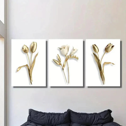 3pcs Golden Floral Modern Minimalist Metal Print Ready to Hang Art