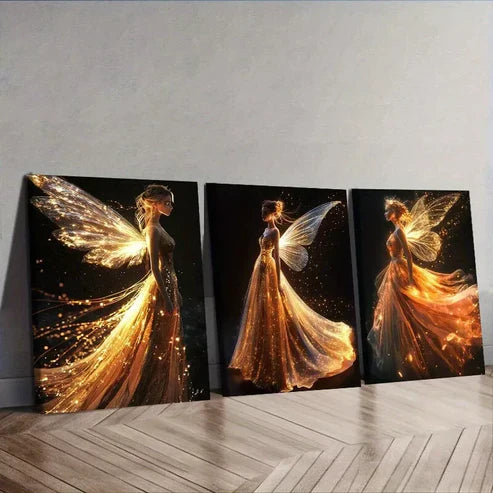 3pcs A Graceful Fairy In A Shiny Dress Wall Art Set Canvas Unframed - High Quality Print 100% Australian Made Wall Canvas