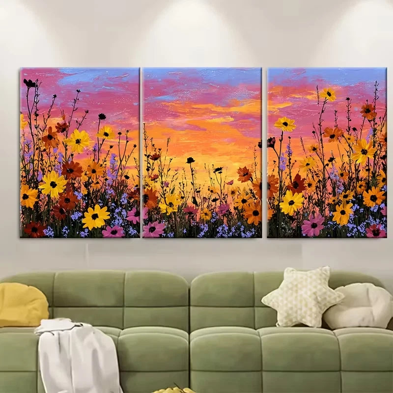 3pcs Daisy Mountain Sunset Landscape Metal Print Ready to Hang Art - Bella Home Decor