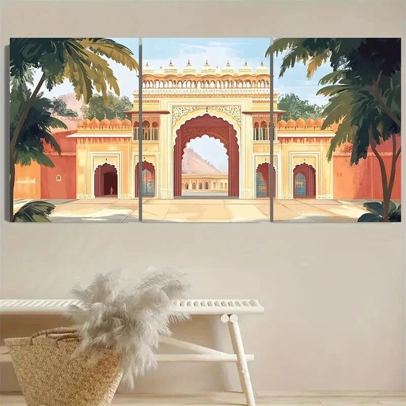 3pcs Vibrant Jaipur Patrika Gate Design Metal Print Ready to Hang Art
