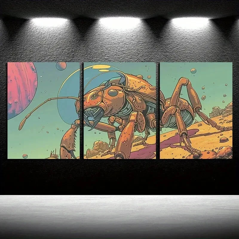 3pcs Ant-Inspired Robotic Illustration Metal Print Ready to Hang Art - Bella Home Decor