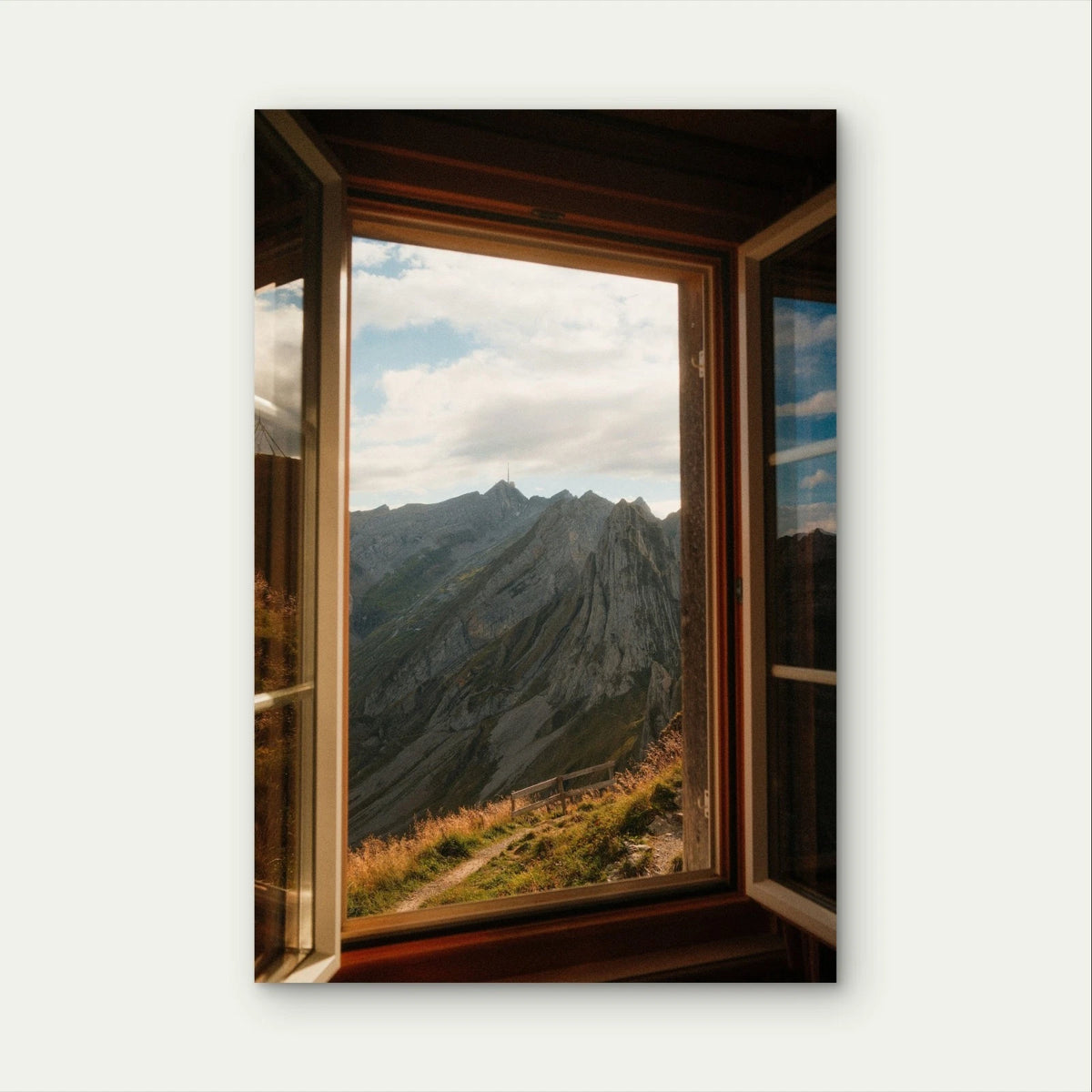 Mountain Window View Landscape Scenery 40x60cm Metal Print Ready to Hang
