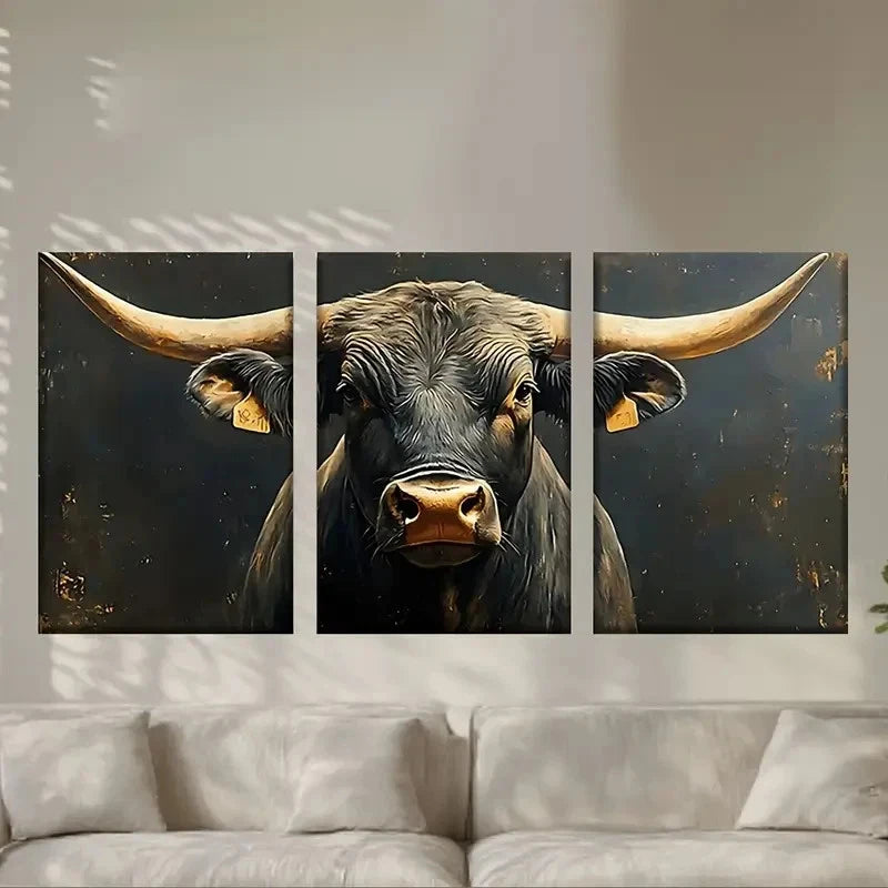 3pcs Contemporary Bull with Big Horns Metal Print Ready to Hang Art - Bella Home Decor
