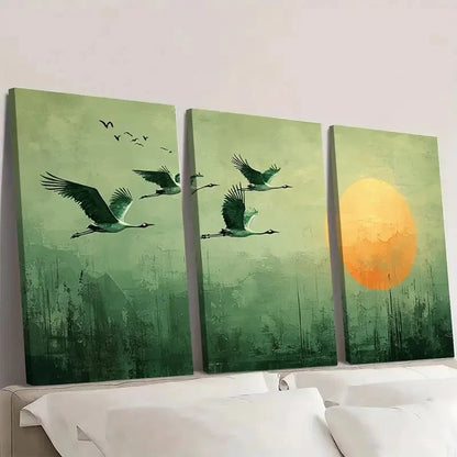 3pcs Abstract Green Flying Cranes  FC  Wall Art Set Canvas Framed 40x60cm - High Quality Print 100% Australian Made Wall Canvas Ready to Hang - Bella Home Decor