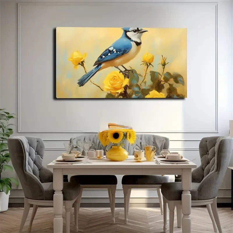 Blue Jay & Yellow Rose Wall Art Canvas Office Home Room Framed 120x60cm - Bella Home Decor