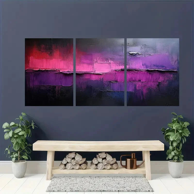 3pcs Minimalist Painting Purple Abstract Textured Metal Print Ready to Hang Art - Bella Home Decor