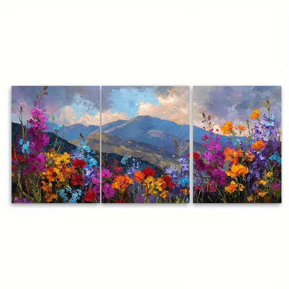 3pcs Colorful Wildflowers Mountain Sunset Metal Print Ready to Hang Art - Bella Home Decor