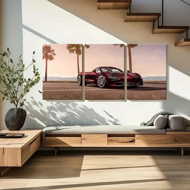 3pcs Red Colored Sports Racing Car Wall Art Set Canvas Framed 60x90cm - High Quality Print 100% Australian Made Wall Canvas Ready to Hang