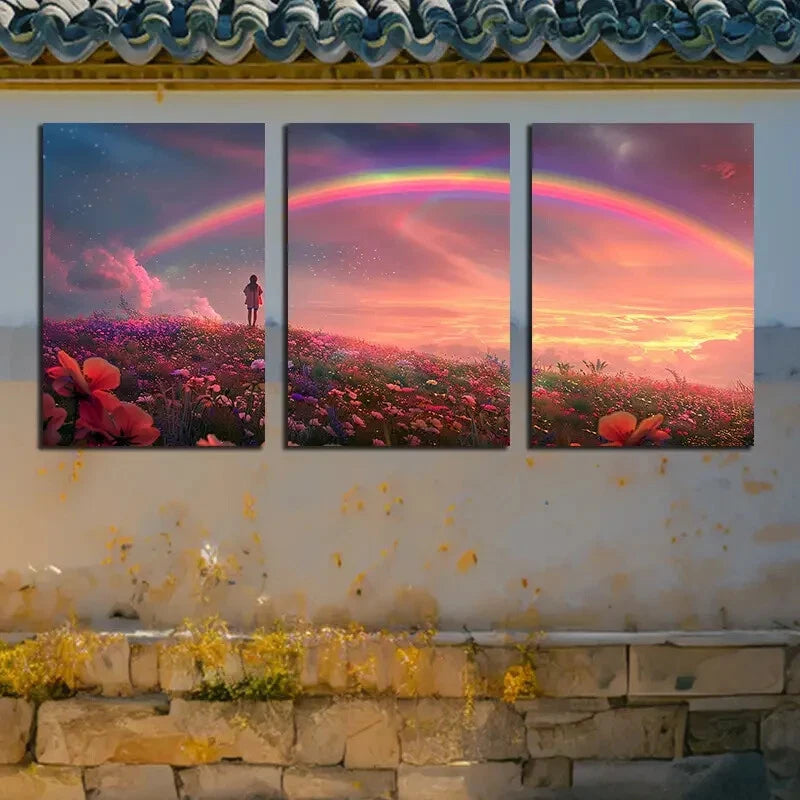 3pcs Vibrant Charming Rainbow & Girl Design Metal Print Ready to Hang Art - Bella Home Decor