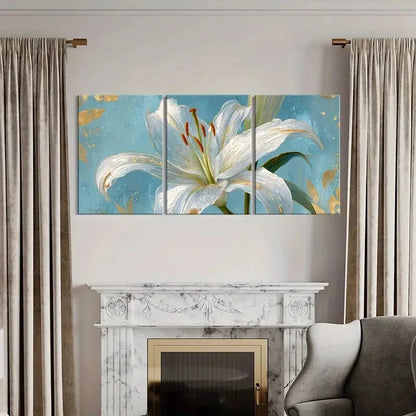 3pcs Elegant White Lily Floral Art Golden Accents Metal Print Ready to Hang Art
