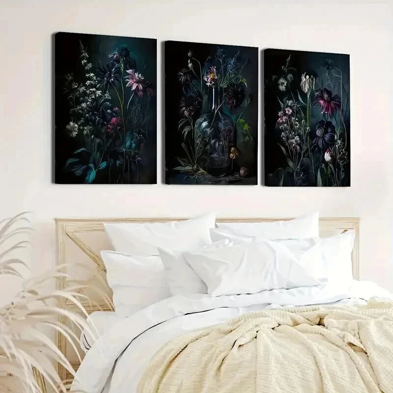 3pcs Dark Toned Vintage Botanical Prints Wall Art Set Canvas Framed 60x90cm - High Quality Print 100% Australian Made Wall Canvas Ready to Hang - Bella Home Decor