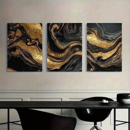 3pcs Black and Golden Marble Pattern Swirls Metal Print Ready to Hang Art - Bella Home Decor