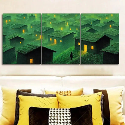 3pcs Green Village Houses Design Deco Style Wall Art Set Canvas Framed 60x90cm - High Quality Print 100% Australian Made Wall Canvas Ready to Hang