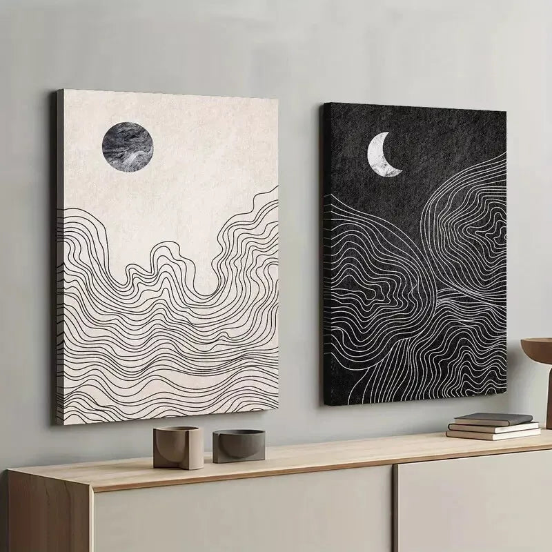 2-Piece Abstract Sun and Moon Geometric Framed 50x75cm - High Quality Print 100% Australian Made Wall Canvas Ready to Hang