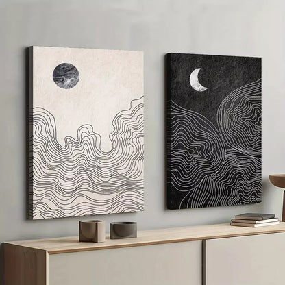2-Piece Abstract Sun and Moon Geometric Framed 50x75cm - High Quality Print 100% Australian Made Wall Canvas Ready to Hang