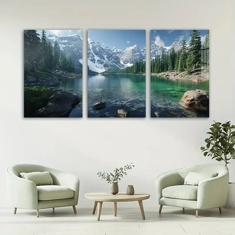 3pcs Snowy Mountains Forest Lakes Metal Print Ready to Hang Art - Bella Home Decor
