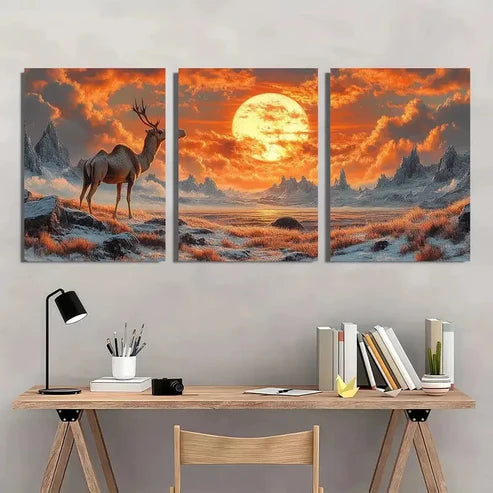 3pcs Majestic Camel & Deer Sunset Scenes Wall Art Set Canvas Unframed - High Quality Print 100% Australian Made Wall Canvas