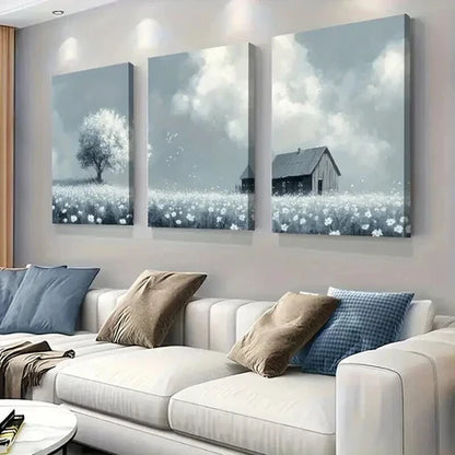 3pcs Wildflower Field Blue And White Tranquil Wall Art Set Canvas Unframed - High Quality Print 100% Australian Made Wall Canvas