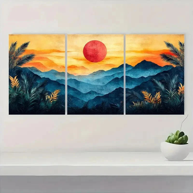 3pcs Palm Leaf Geometric Landscape Abstract Shape Metal Print Ready to Hang Art