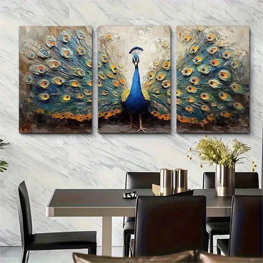3pcs Peacock Animals Impasto Textured Perfect Wall Art Set Canvas Framed 40x60cm - High Quality Print 100% Australian Made Wall Canvas Ready to Hang