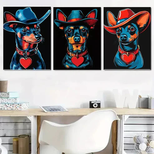 3 PCS Vibrant Blue & Red Cowboy-Themed Dog Wall Art Set Canvas Unframed - High Quality Print 100% Australian Made Wall Canvas