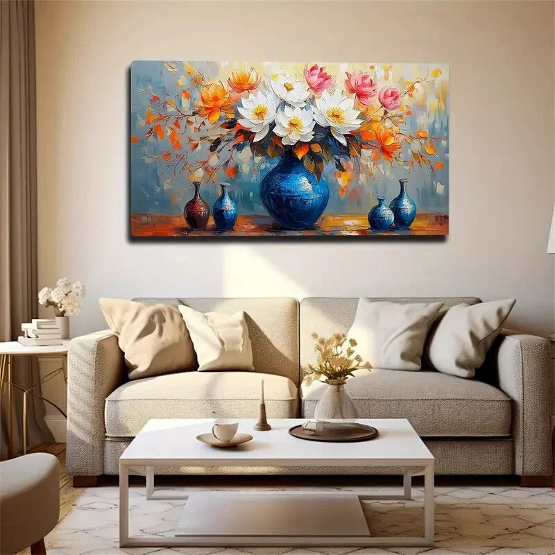 White Pink Orange Flower Vase Wall Art Canvas Office Home Room Framed 120x60cm - Bella Home Decor